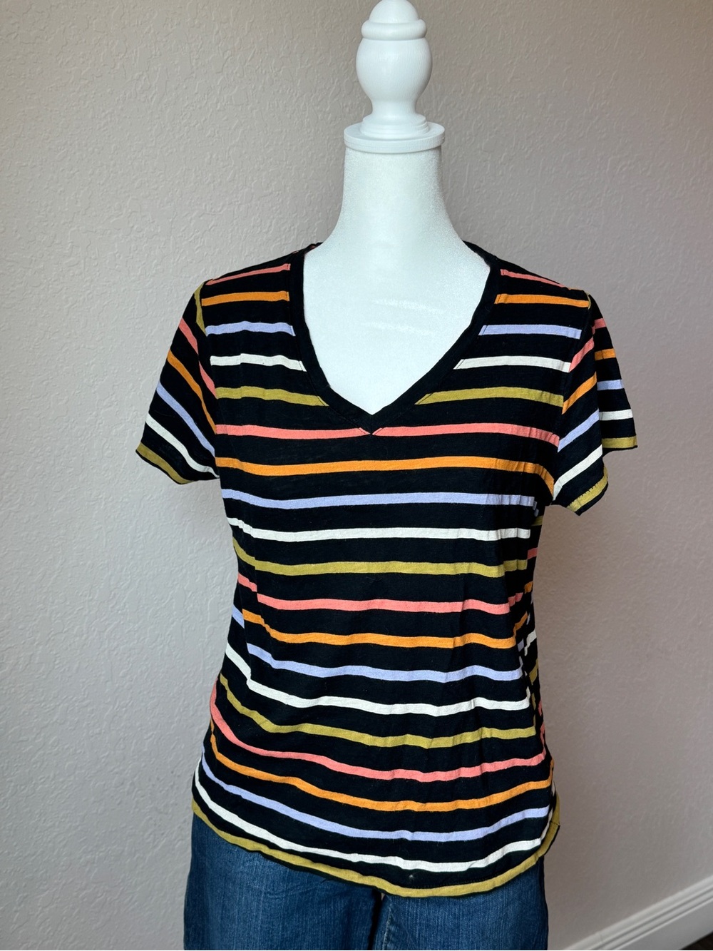 Sonoma 100% Cotton Black V-Neck Tee with Multicolor Stripes Size Medium